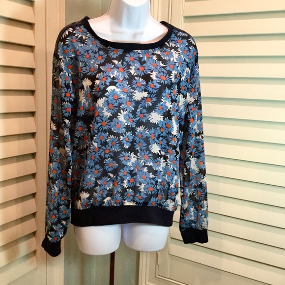Truth NYC Tops - Navy Sheer Floral Top, Slit Back, Lace Accent, M